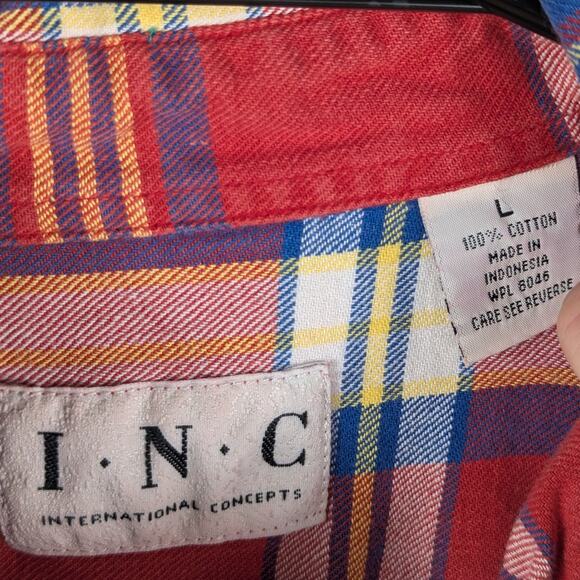 INC International Concepts L Red Multicolor Plaid Button Shirt 100% Cotton Men’s - Picture 2 of 3